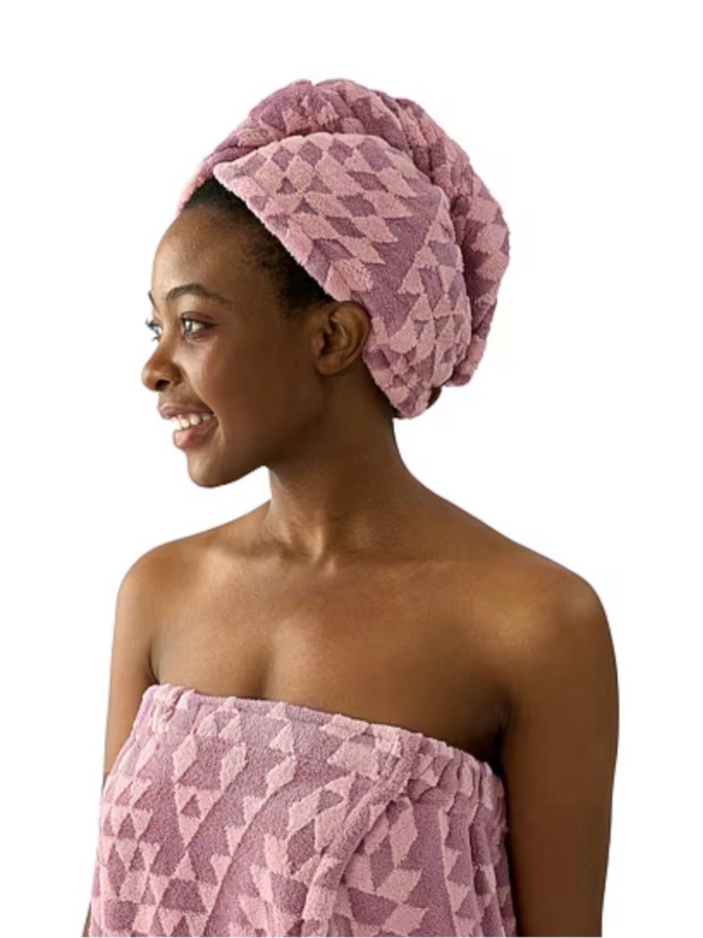 BearPaw Pink Geometric Terry Hair Wrap & Matching Towel Set